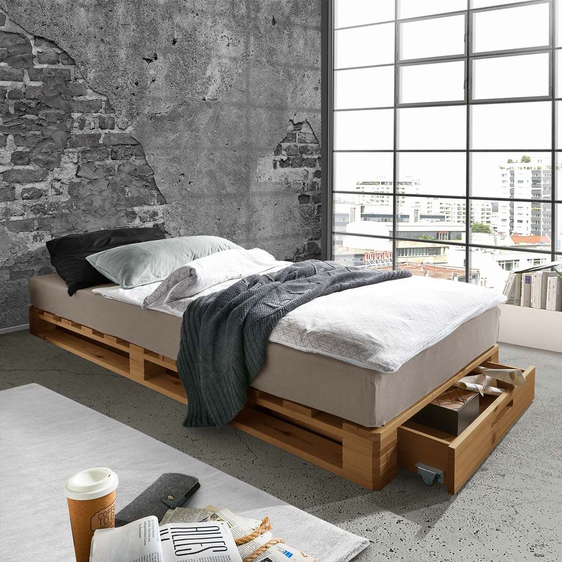 Palettenbett Nimba Kiefer Massivholz mit Schubkasten