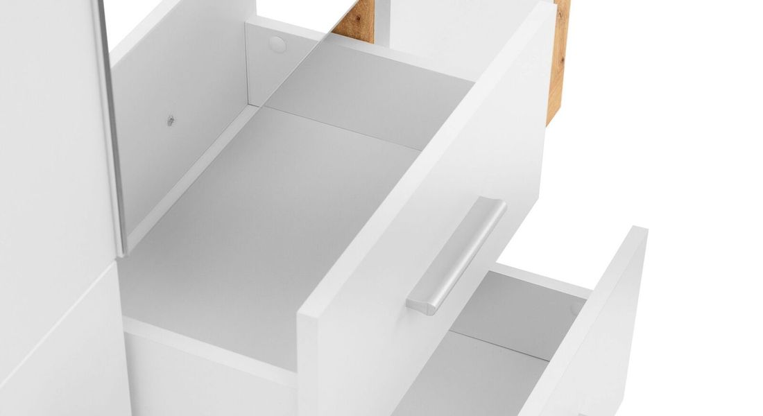 Drehtüren-Kleiderschrank Gelma Eiche Dekor mit Spiegel und Schubladen