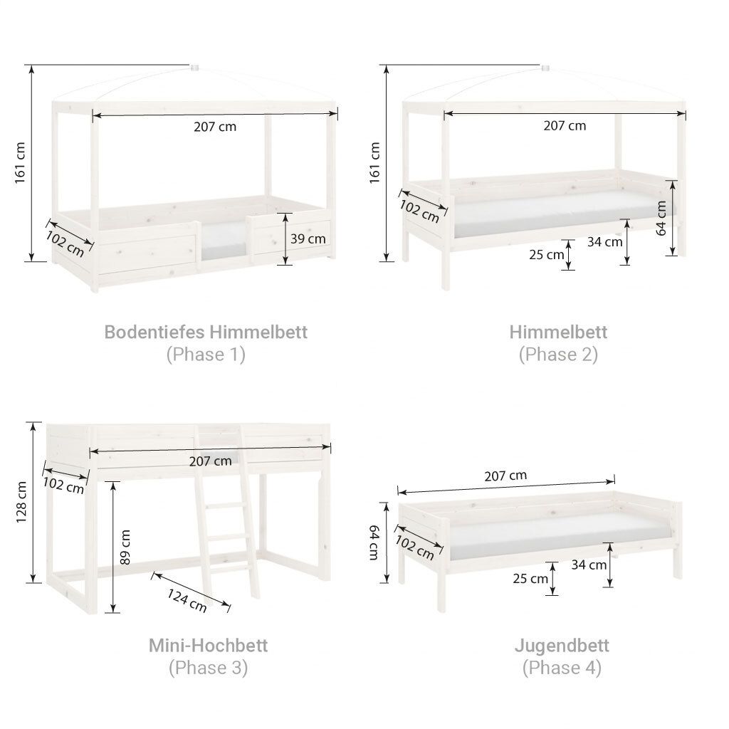 LIFETIME Mini-Hochbett 4-in-1 Kiefer Massivholz mit Lattenrost