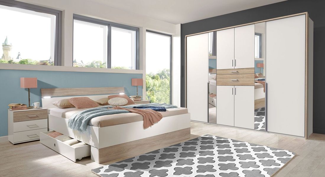 Bett Kormoran Komfort Eiche Dekor mit Beleuchtung und Schubkasten