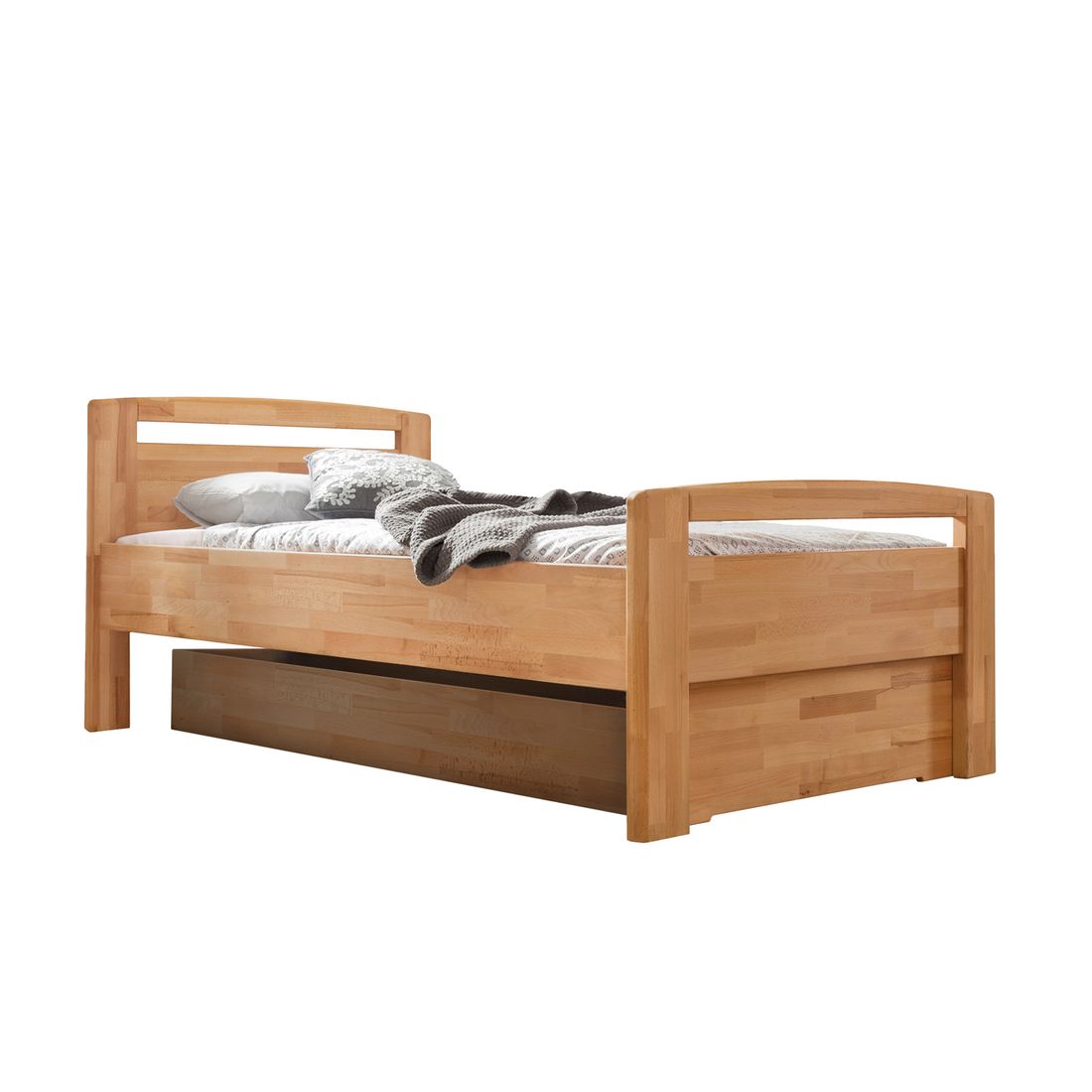 Seniorenbett Luise Komfort Kernbuche Massivholz mit Schubkasten