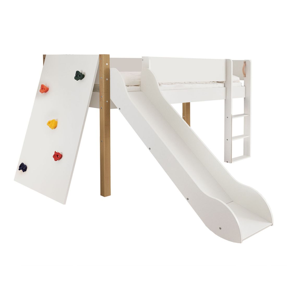 Mini-Hochbett Kids Town Buche teilmassiv mit Lattenrost, Rutsche und Kletterwand