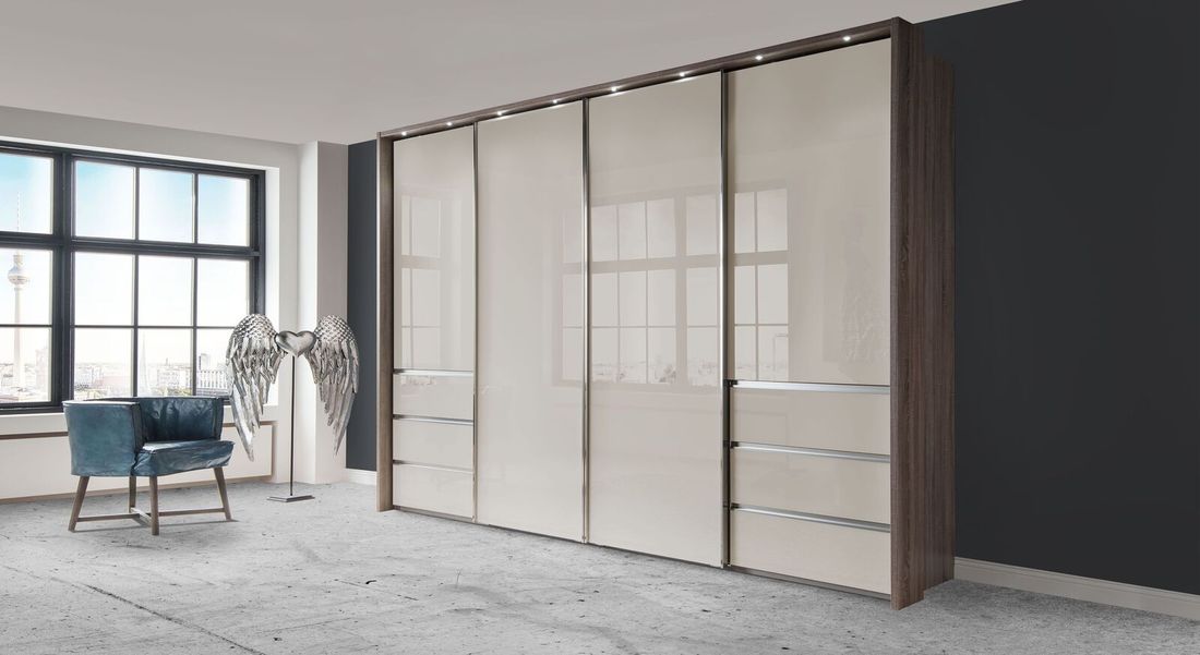 Schwebetüren-Kleiderschrank Tunica Eiche Dekor mit Glasfront und Schubladen