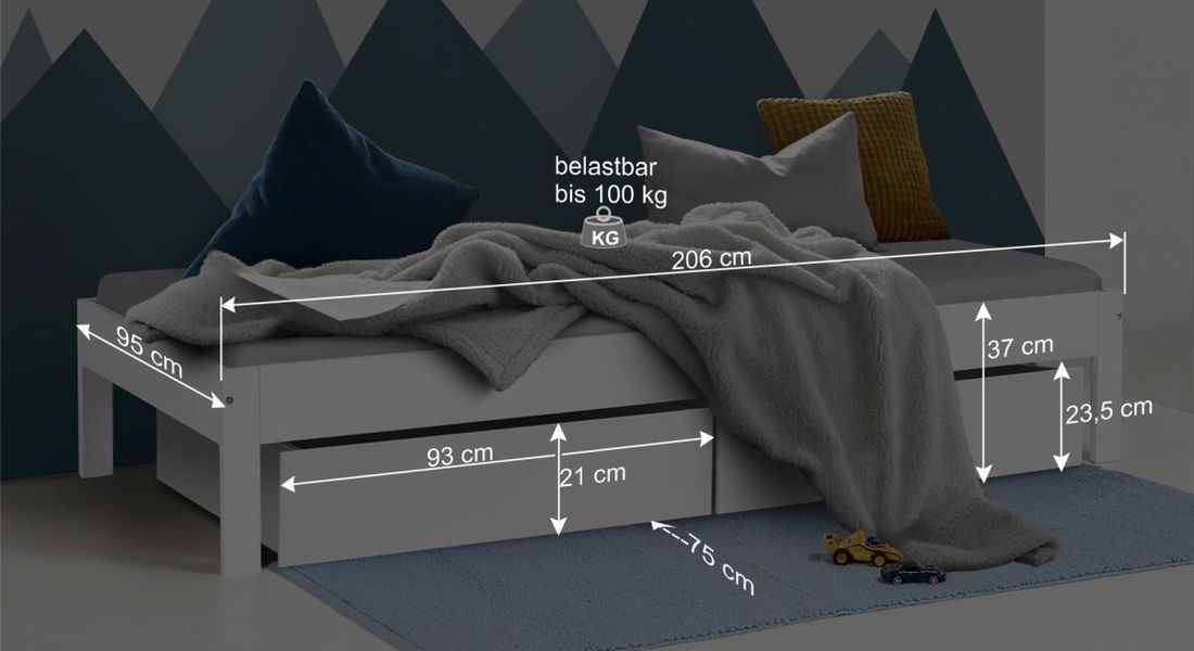 Bett Tacora Buche teilmassiv ohne Kopfteil mit Schubkasten und Lattenrost
