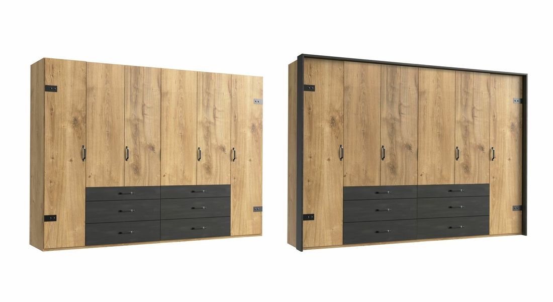 Drehtüren-Kleiderschrank Lakewood Eiche Dekor mit Schubladen