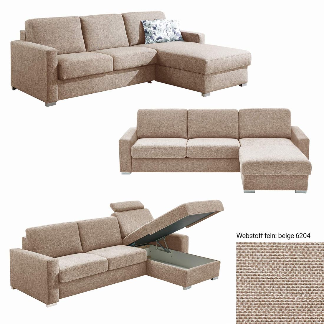 Eck-Schlafsofa Lelio Webstoff mit Lattenrost und Bettkasten Ottomane rechts