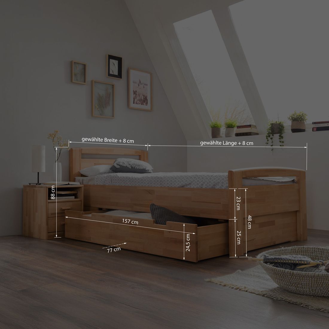 Seniorenbett Luise Komfort Kernbuche Massivholz mit Schubkasten