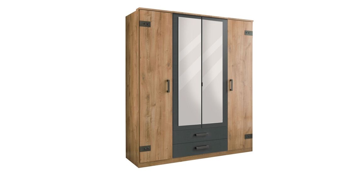 Drehtüren-Kleiderschrank Borlotto Eiche Dekor mit Schubladen mit Innenausstattung H 199cm