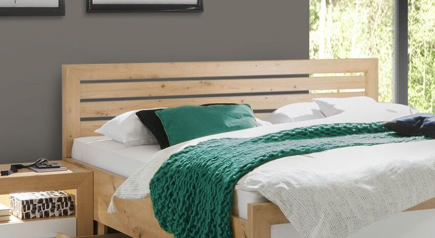Bett Ermua Komfort Eiche Dekor mit Nachttischen, Beleuchtung und Schubkasten