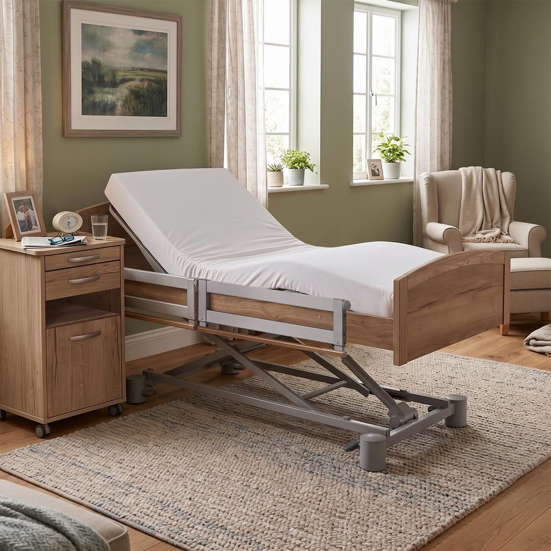 Komfortbett mit Pflegebett-Funktion Ummanz Eiche Dekor mit Lattenrost