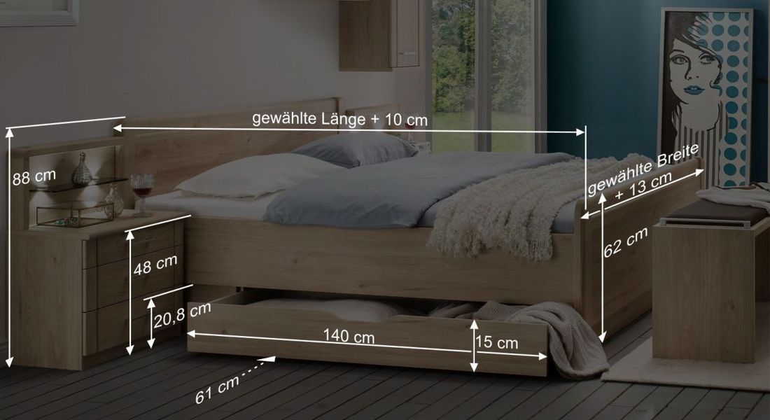 Bett Telford Komfort Eiche Dekor mit Schubkasten