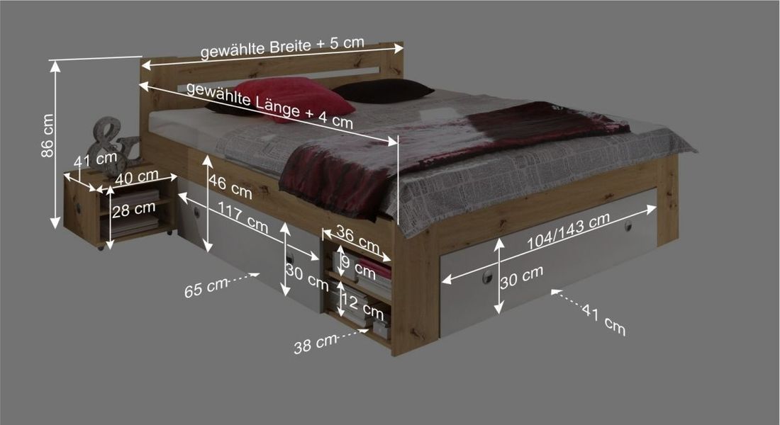 Bett Eibar Komfort Eiche Dekor mit Nachttischen und Schubkasten