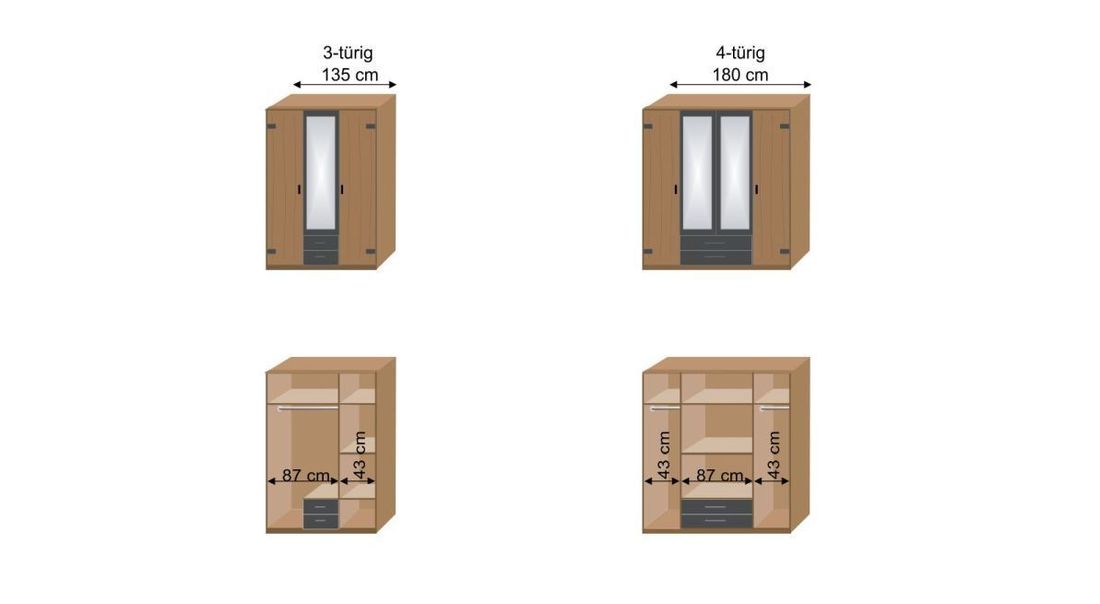 Drehtüren-Kleiderschrank Borlotto Eiche Dekor mit Schubladen mit Innenausstattung H 199cm