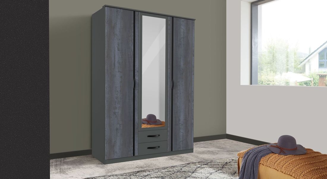 Drehtüren-Kleiderschrank Lupilo mit Spiegel und Schubladen