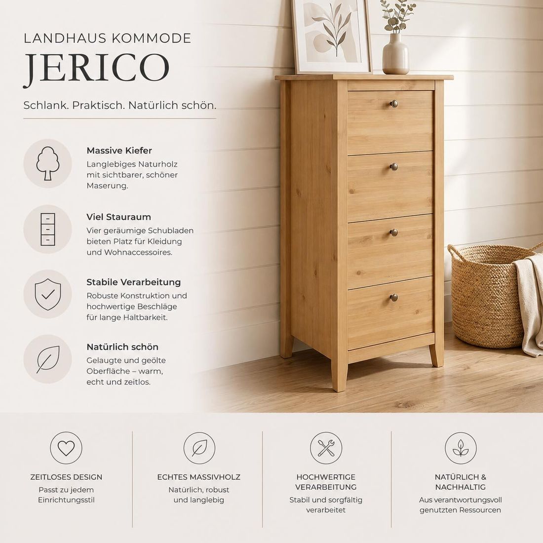 HOMELIV. Kommode Jerico Kiefer Massivholz mit Schubladen H 120cm