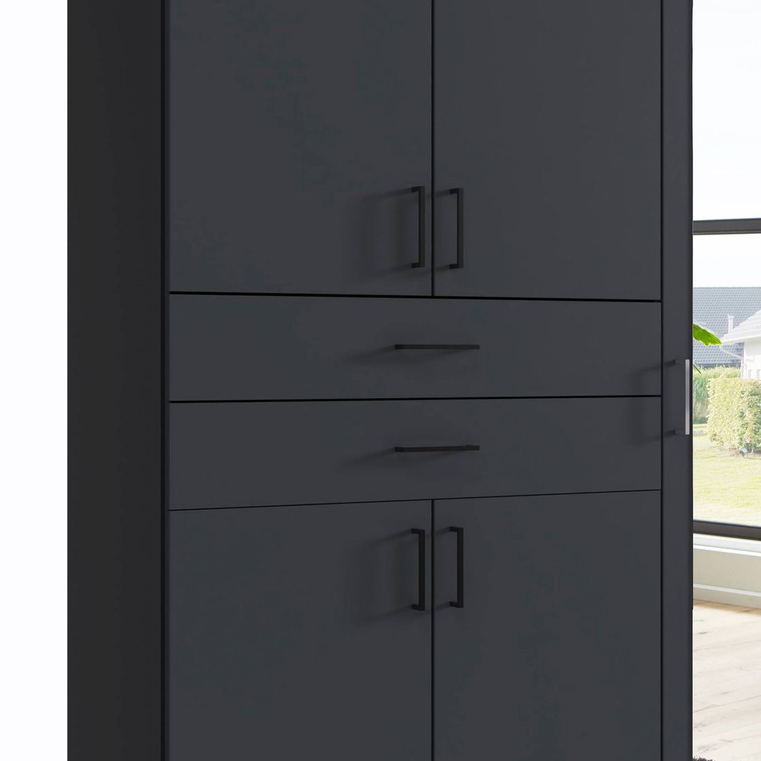 Drehtüren-Kleiderschrank Marnell mit Spiegel und Schubladen