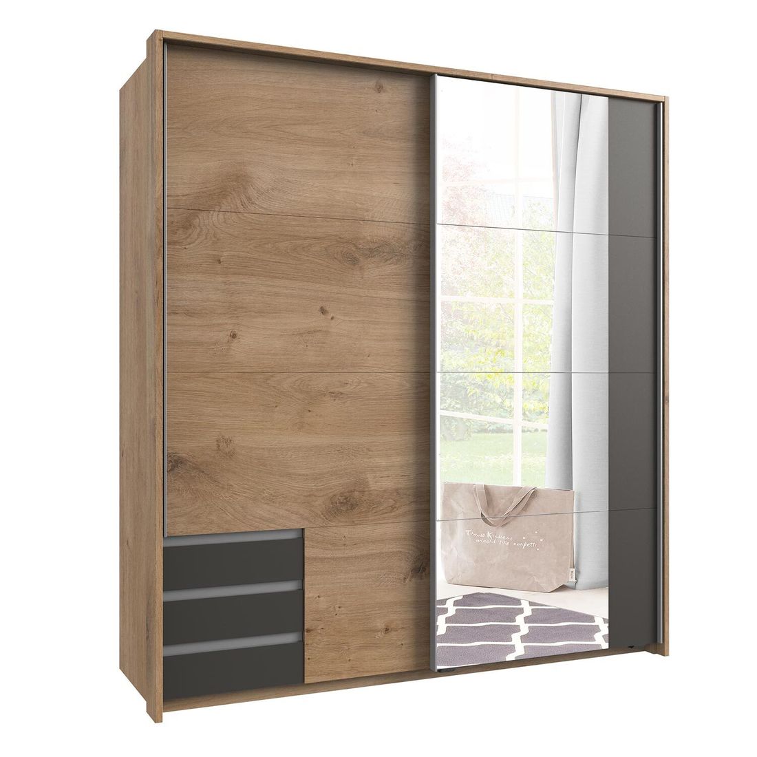Schwebetüren-Kleiderschrank Philina Eiche Dekor mit Schubladen 179x198cm