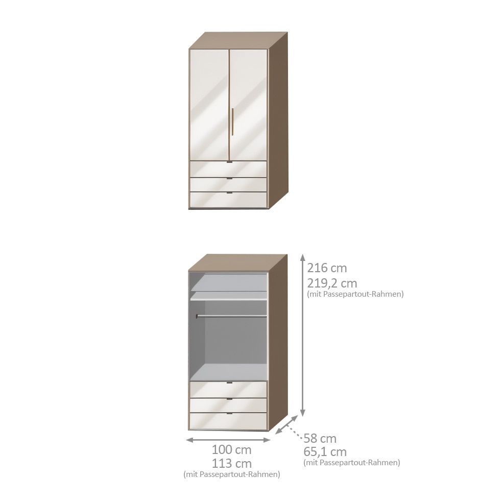 Falttüren-Kleiderschrank Tiko Eiche Dekor mit Glasfront und Schubladen