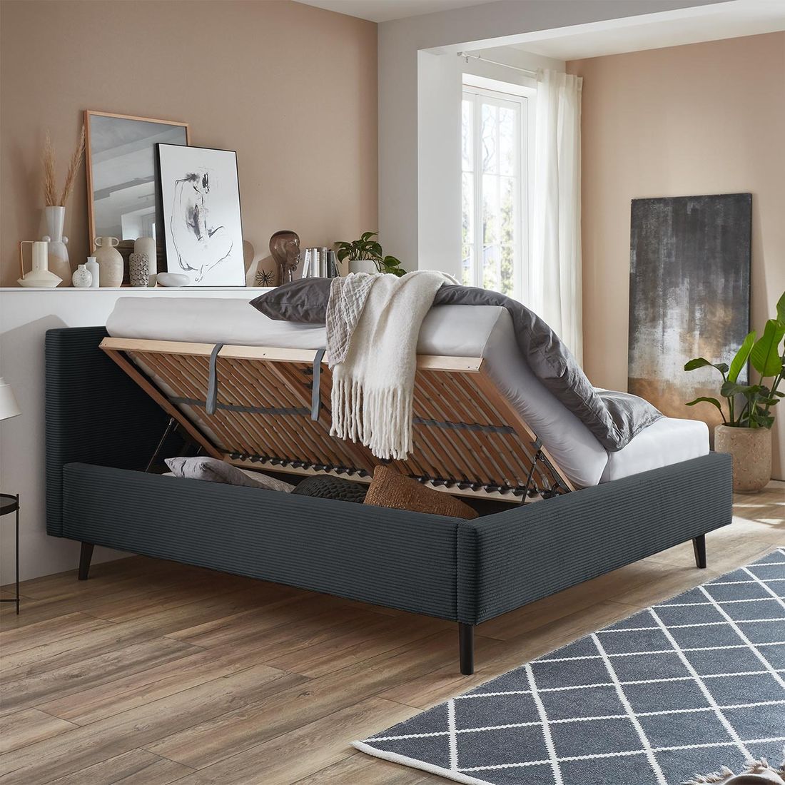 HOMELIV. Polsterbett Calypso Komfort Cord mit Bettkasten und Lattenrost