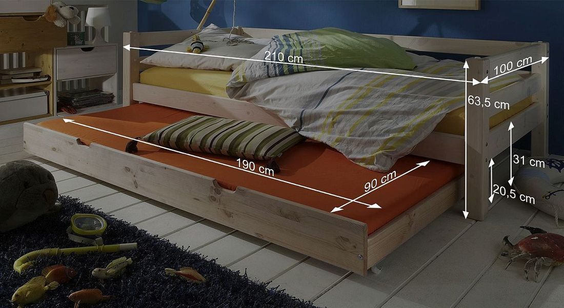 Ausziehbett Kids Paradise Kiefer Massivholz mit Lattenrost und Schubkasten