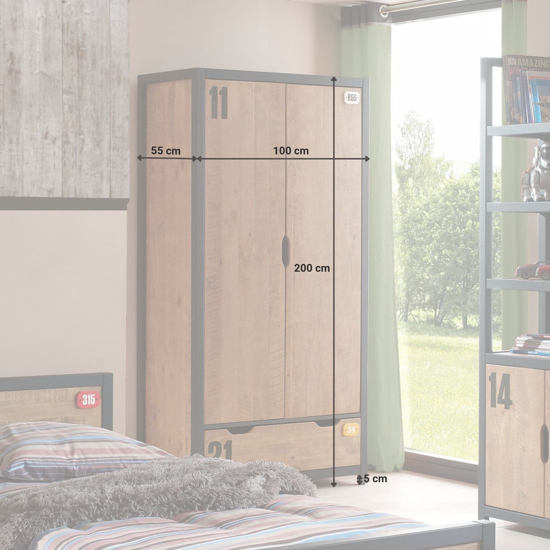 Drehtüren-Kleiderschrank Beli Kiefer teilmassiv mit Schubladen mit Innenausstattung H 200cm