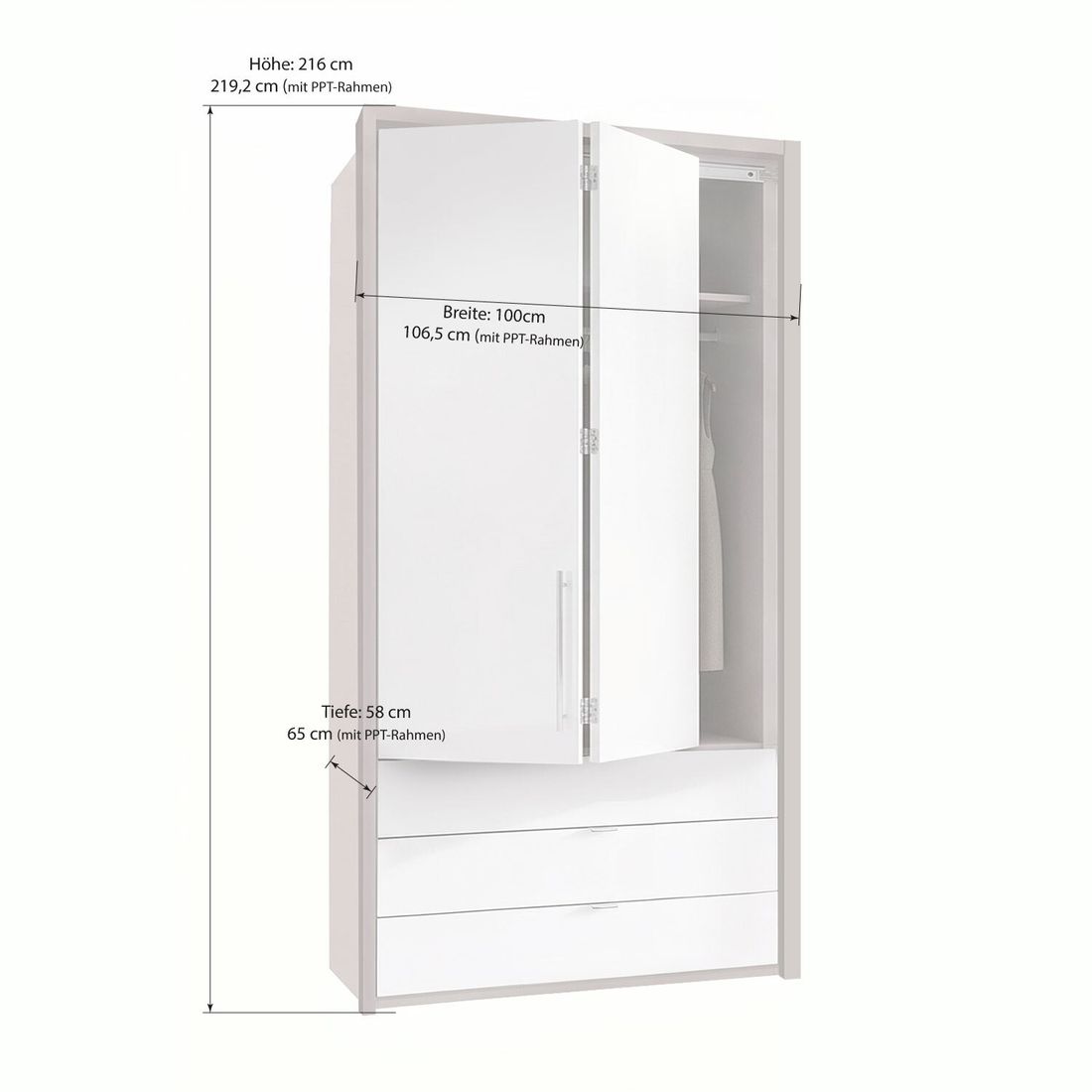 Drehtüren-Kleiderschrank Selca mit Glasfront und Schubladen