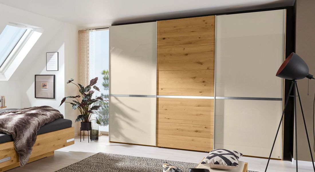 MUSTERRING Schwebetüren-Kleiderschrank Savona 2.0 Eiche teilmassiv mit Glasfront