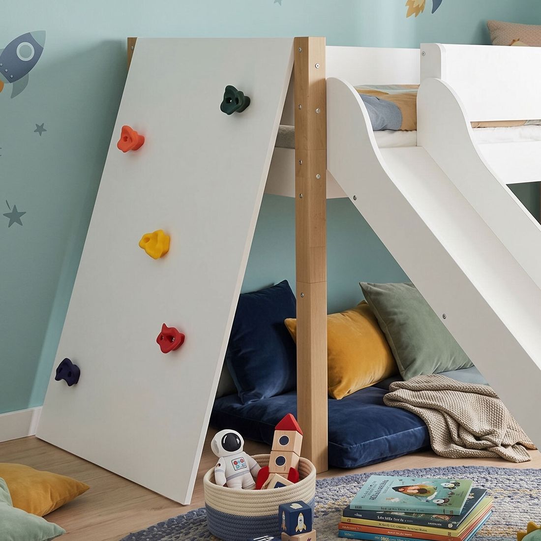 Mini-Hochbett Kids Town Buche teilmassiv mit Lattenrost, Rutsche und Kletterwand