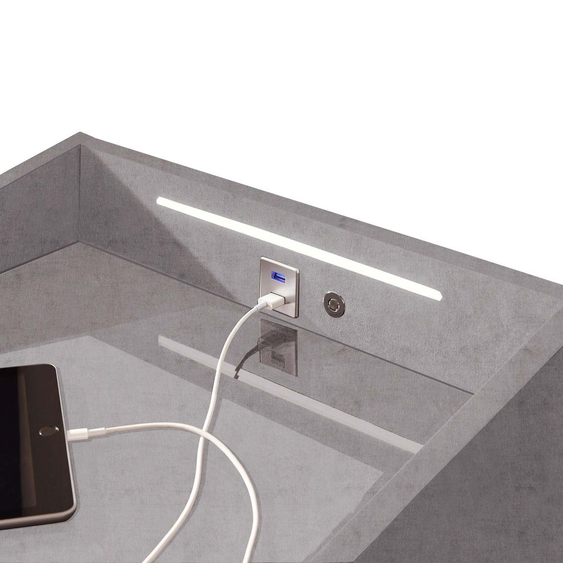 Polsternachttisch Tobin Microvelours H 61cm mit LED-Beleuchtung und USB-Anschluss