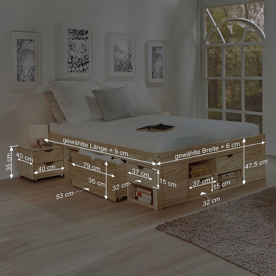 Doppelbett Oslo Komfort Kiefer Massivholz ohne Kopfteil mit Lattenrost und Schubkasten