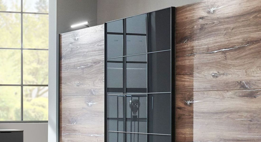 Schwebetüren-Kleiderschrank Arbaro Eiche Dekor mit Glasfront