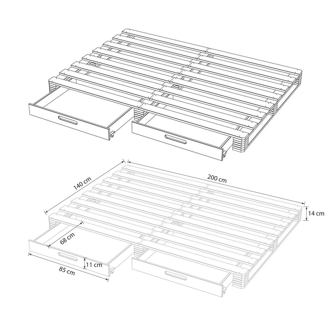 Palettenbett Nimba Kiefer Massivholz mit Schubkasten