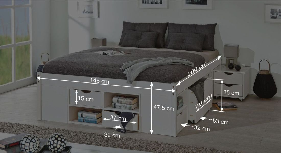 Bett Göteborg Komfort Kiefer Massivholz ohne Kopfteil mit Lattenrost und Schubkasten