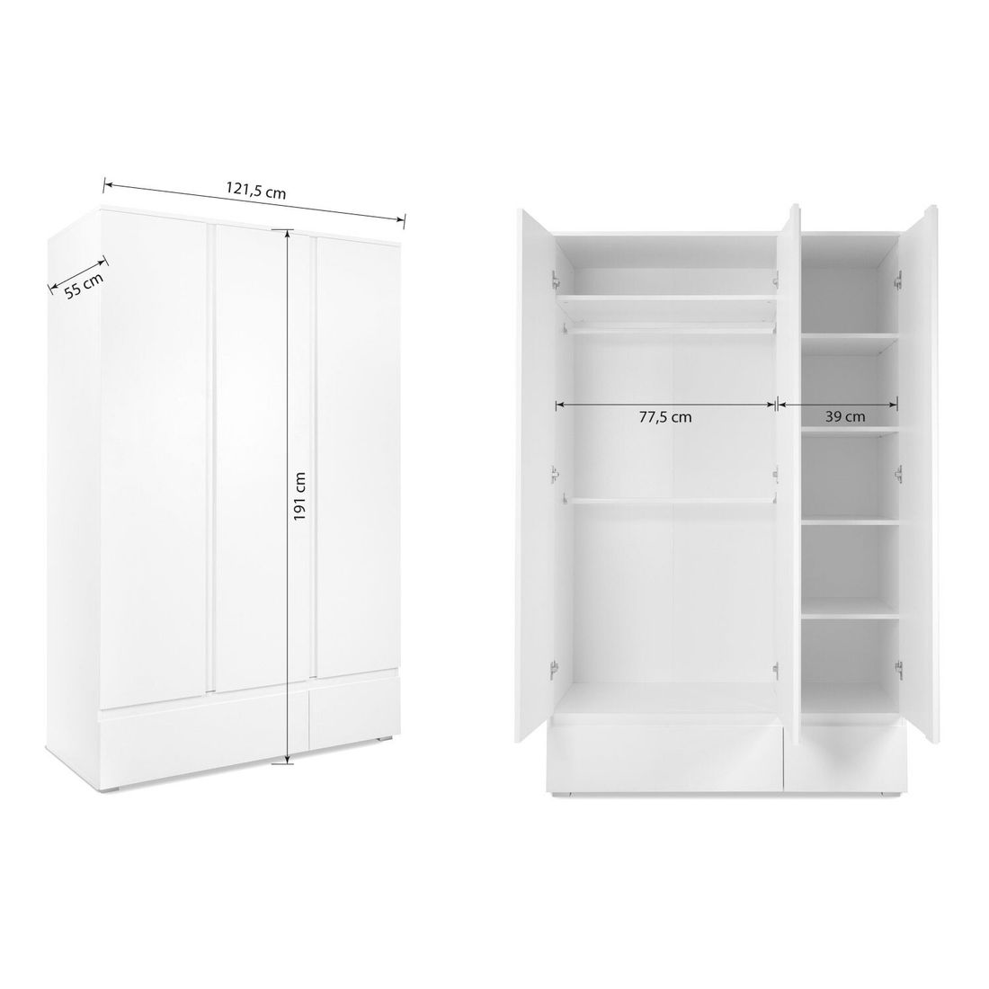 Drehtüren-Kleiderschrank Folda mit Schubladen 121,5x191cm