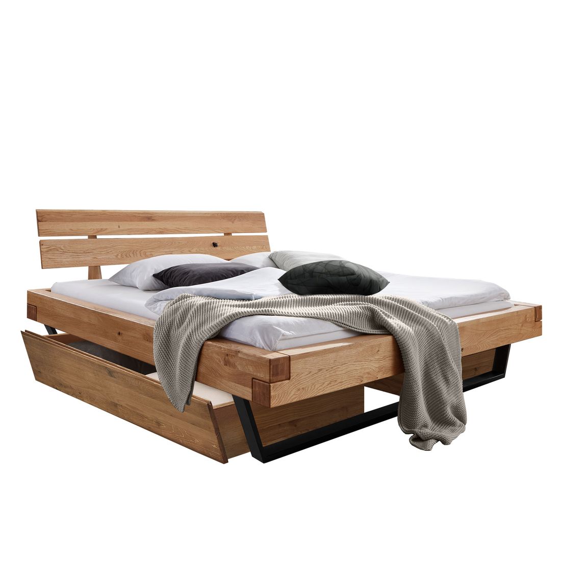 Balkenbett Rubus Wildeiche Massivholz mit Schubkasten