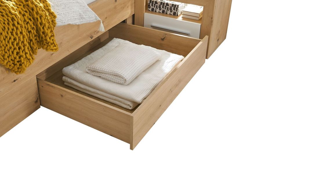 Bett Ermua Komfort Eiche Dekor mit Nachttischen, Beleuchtung und Schubkasten