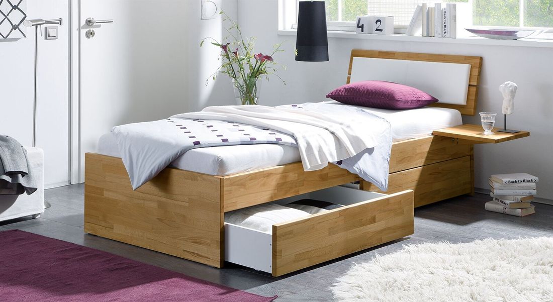 Einzelbett Leova Komfort Kernbuche Massivholz mit Schubkasten