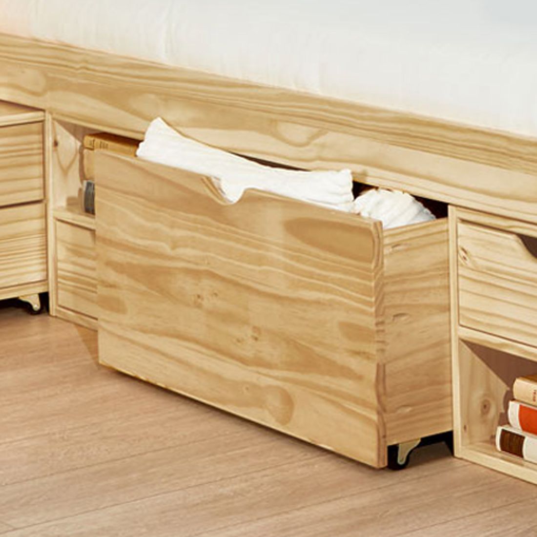 Bett Oslo Kiefer Massivholz mit Stauraum und Lattenrost