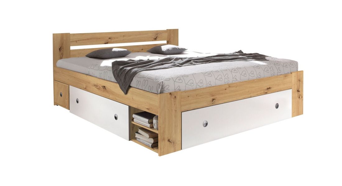Bett Eibar Komfort Eiche Dekor mit Nachttischen und Schubkasten