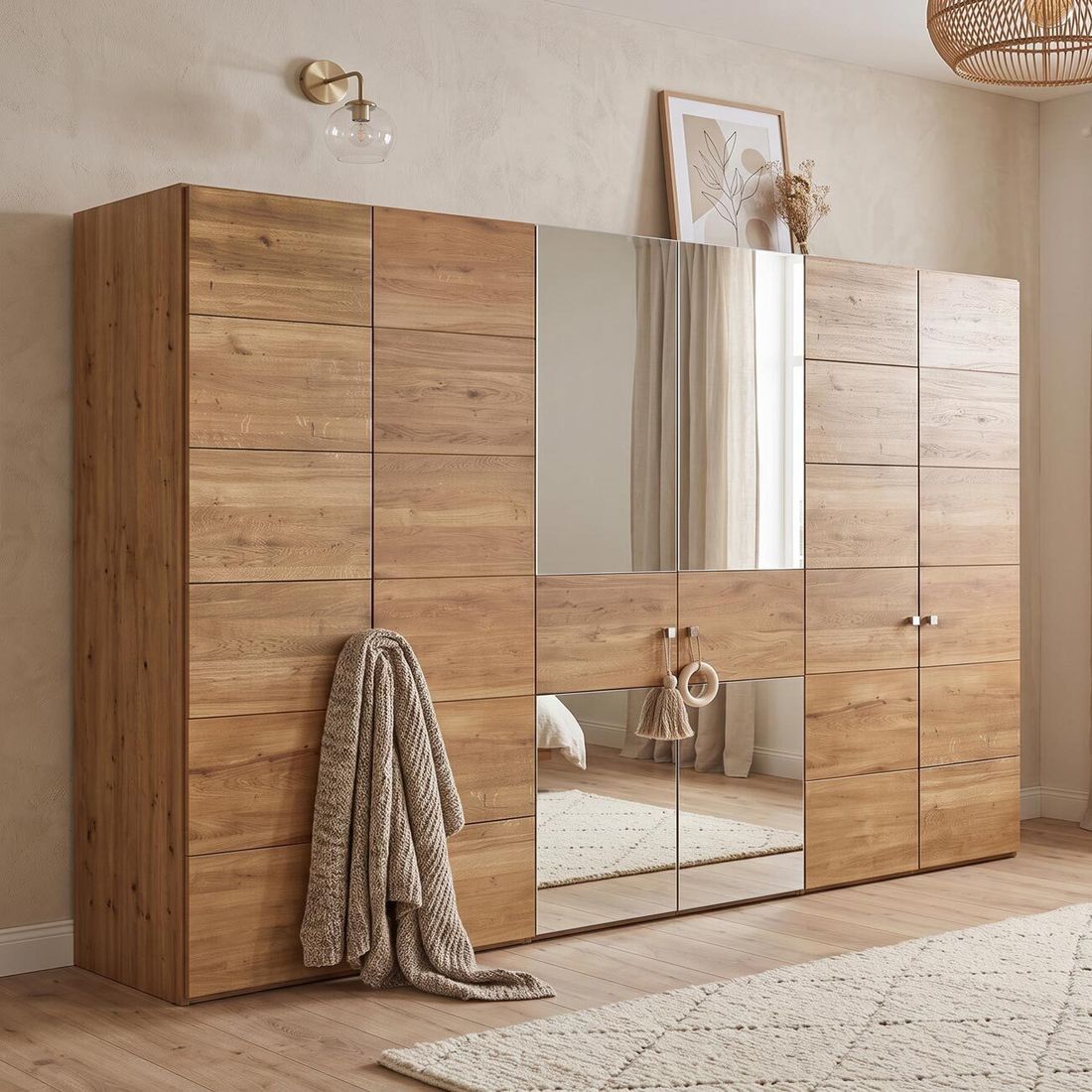 Drehtüren-Kleiderschrank Binita Wildeiche Massivholz mit Spiegel H 216cm