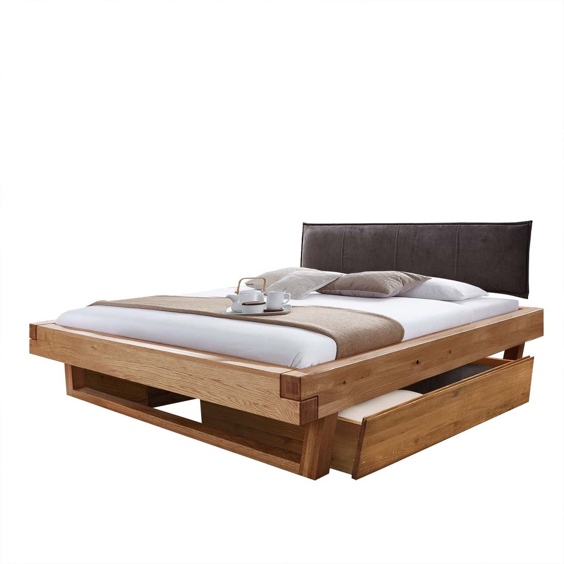 Balkenbett Prunus Wildeiche Massivholz mit Schubkasten