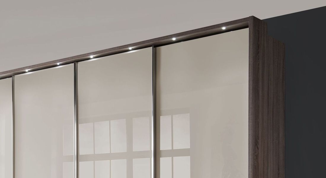 Schwebetüren-Kleiderschrank Tunica Eiche Dekor mit Glasfront und Schubladen
