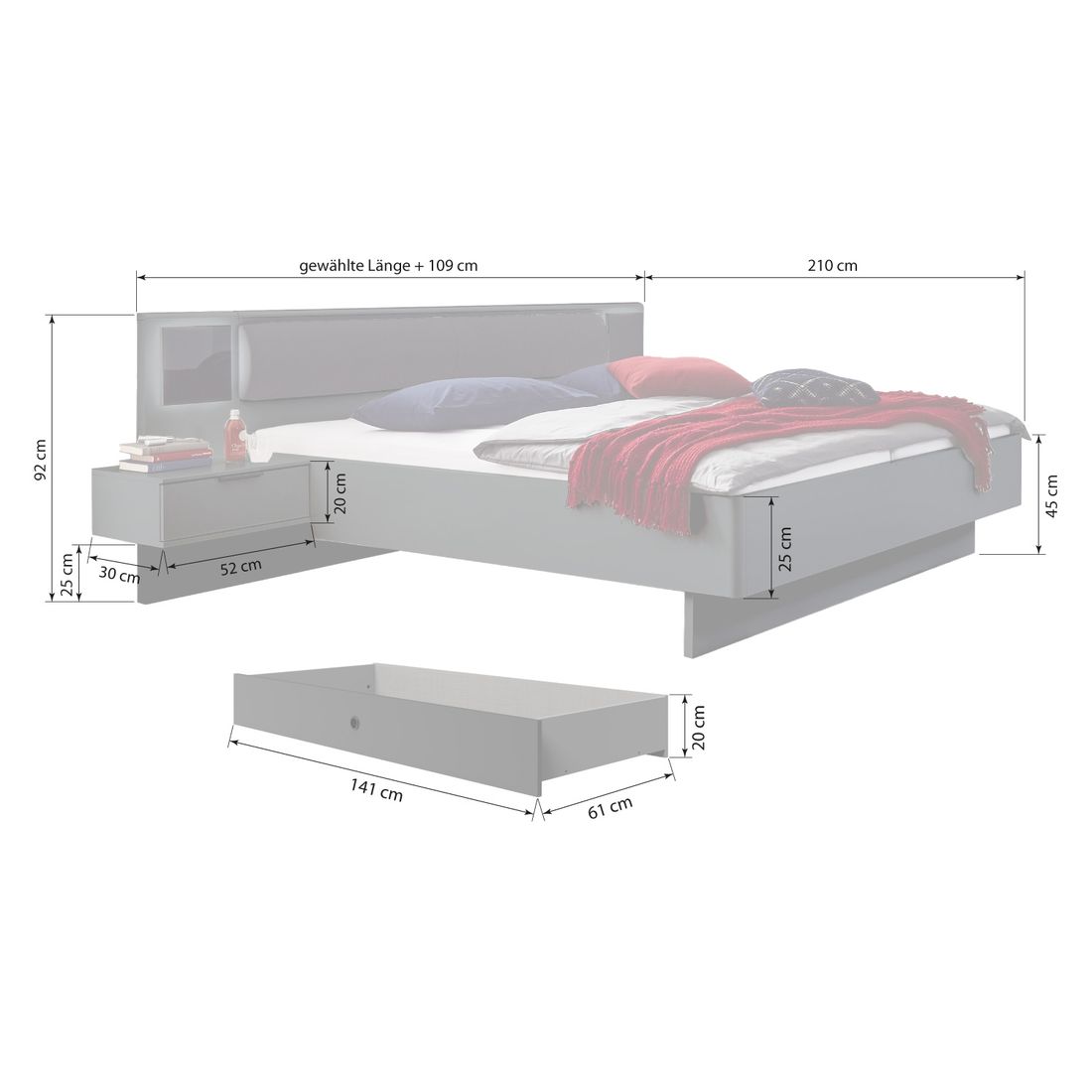 Bett Bollullo Komfort mit Nachttischen, Beleuchtung und Schubkasten