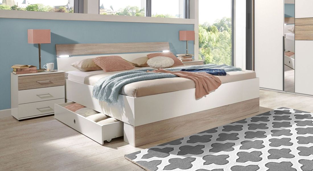 Bett Kormoran Komfort Eiche Dekor mit Beleuchtung und Schubkasten