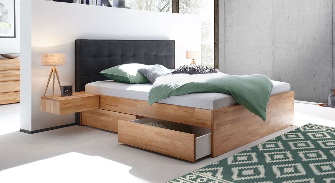 Doppelbett Mirenda Komfort Kernbuche Massivholz mit Schubkasten