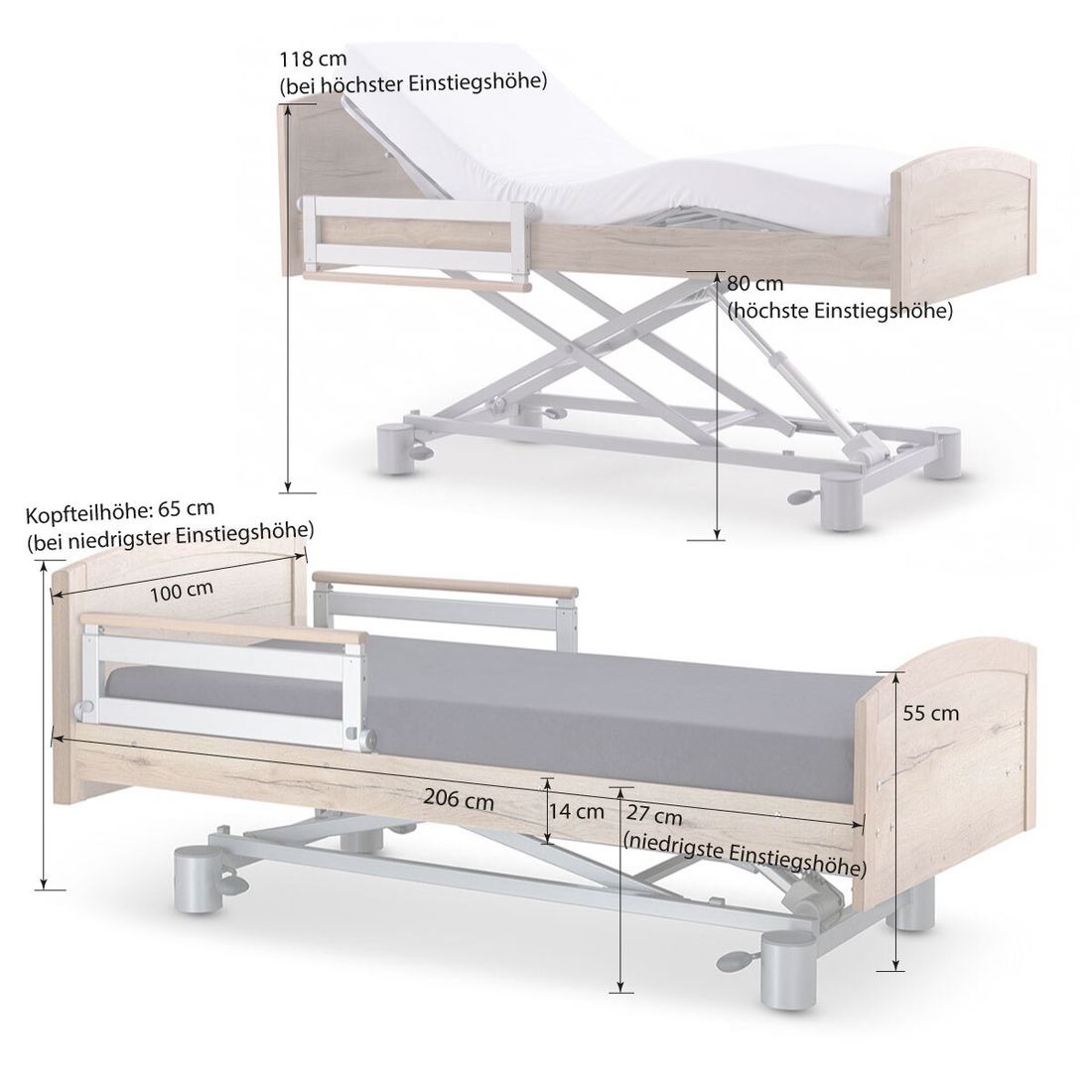 Komfortbett mit Pflegebett-Funktion Ummanz Eiche Dekor mit Lattenrost