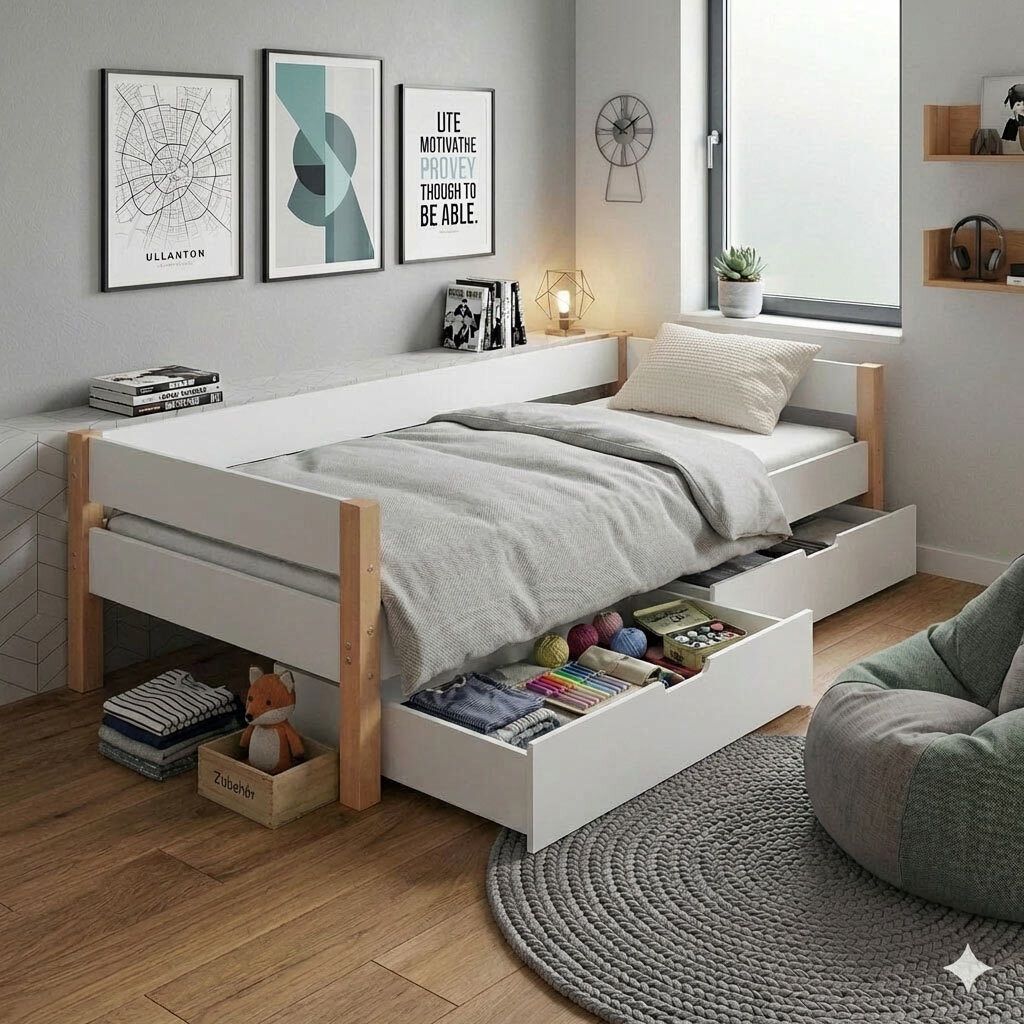 Bett Kids Nordic Buche teilmassiv mit Lattenrost und Schubkasten