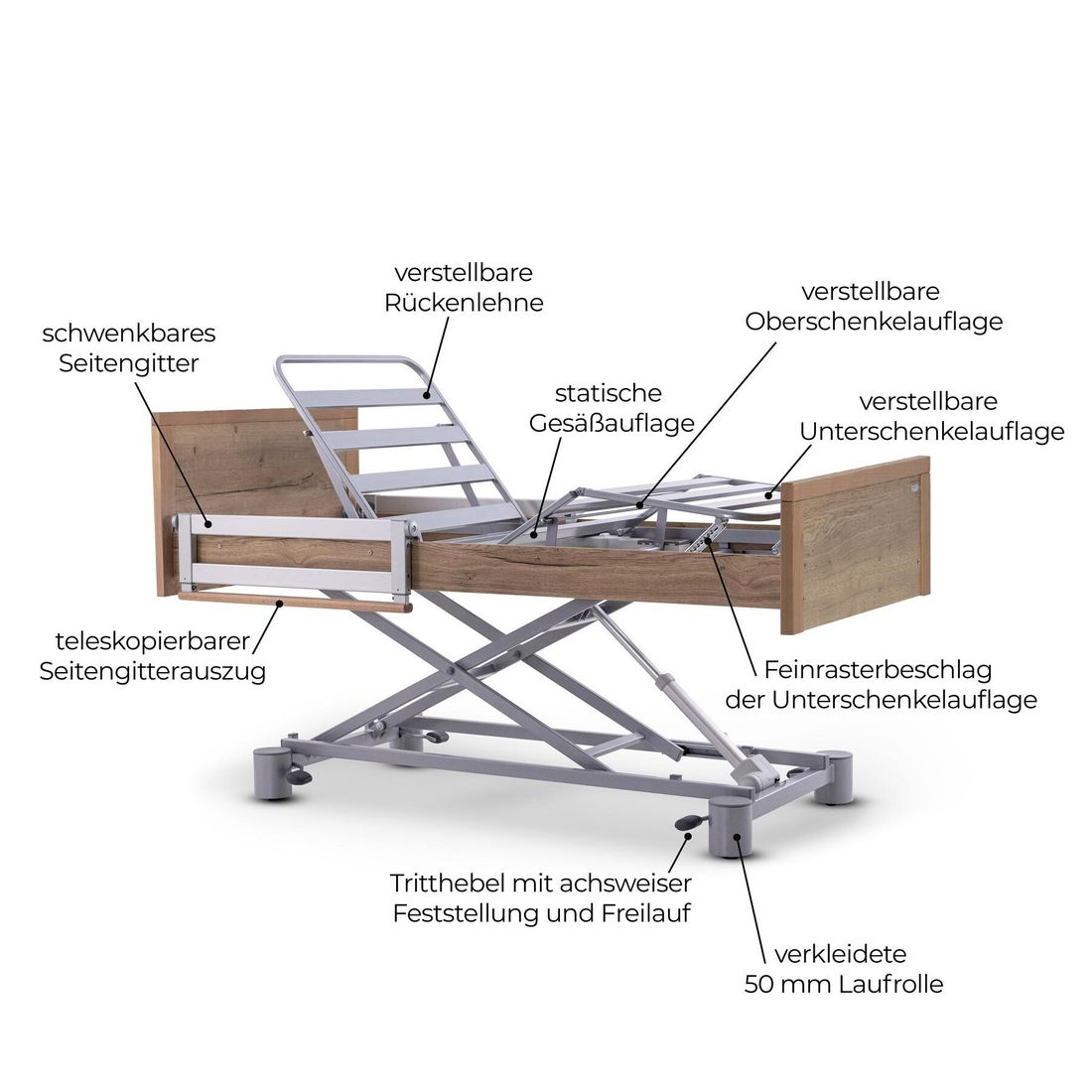 Komfortbett mit Pflegebett-Funktion Hiddensee Eiche Dekor mit Lattenrost