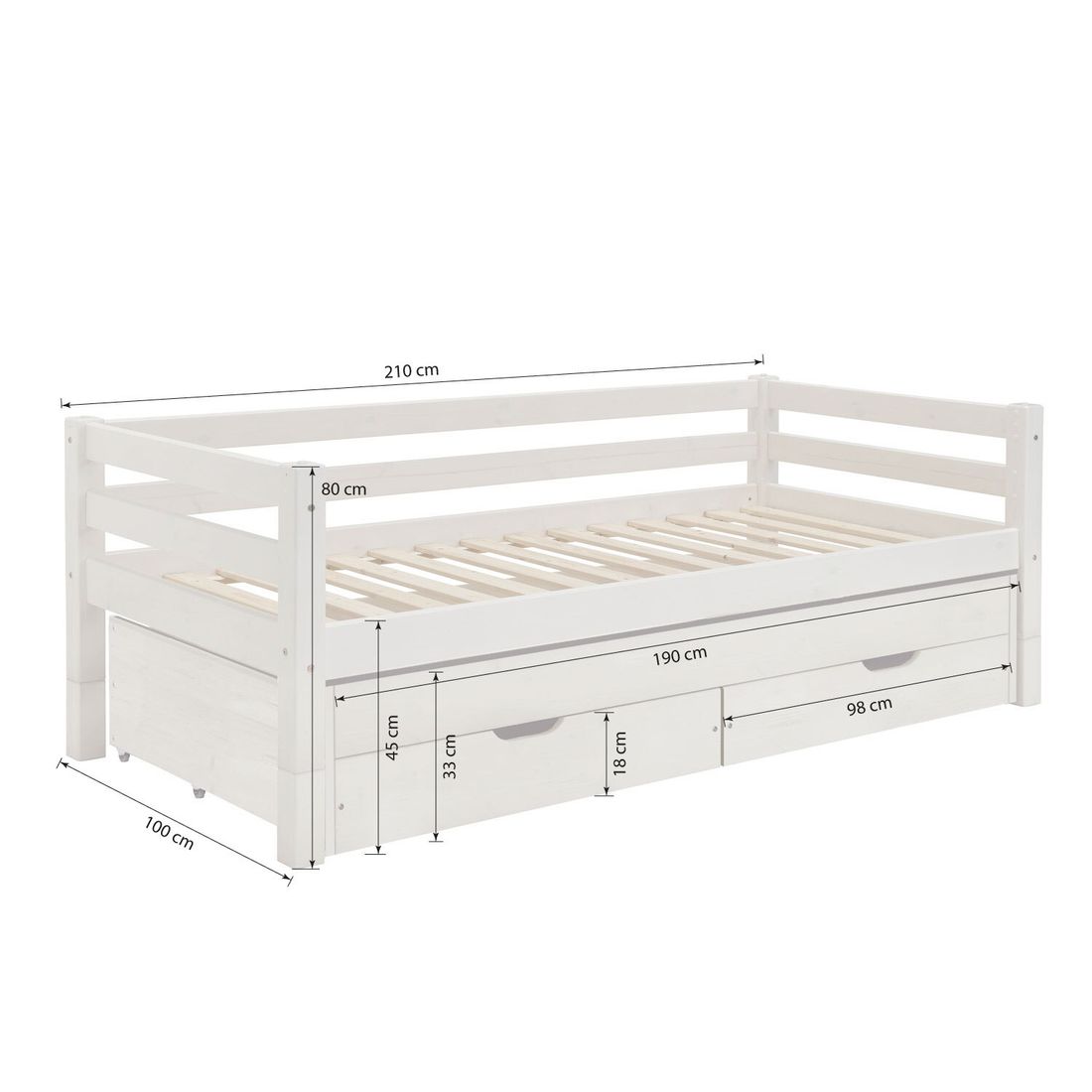 Ausziehbett Kids Paradise Kiefer Massivholz mit Lattenrost und Bettschublade 90x200cm