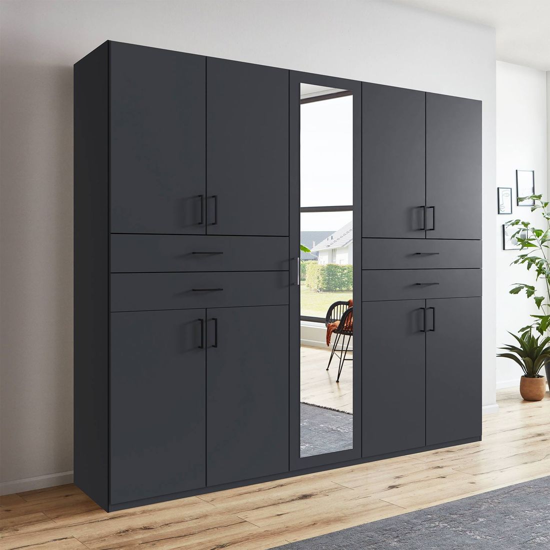Drehtüren-Kleiderschrank Marnell mit Spiegel und Schubladen